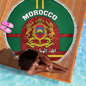 Morocco Proclamation Day Beach Blanket with Marruecos Coat of Arms and Roses Pattern