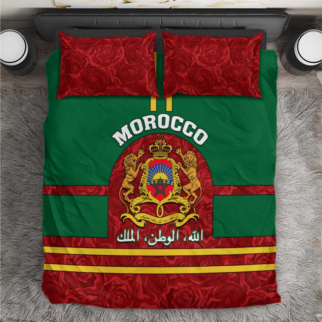 Morocco Proclamation Day Bedding Set with Marruecos Coat of Arms and Roses Pattern