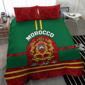 Morocco Proclamation Day Bedding Set with Marruecos Coat of Arms and Roses Pattern