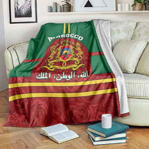 Morocco Proclamation Day Blanket with Marruecos Coat of Arms and Roses Pattern