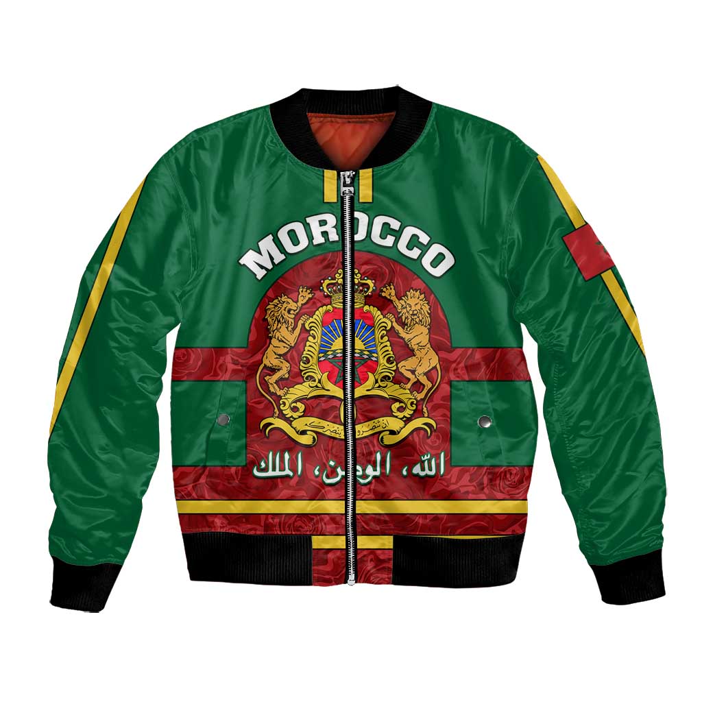 Morocco Proclamation Day Bomber Jacket with Marruecos Coat of Arms and Roses Pattern