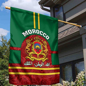 Morocco Proclamation Day Garden Flag with Marruecos Coat of Arms and Roses Pattern