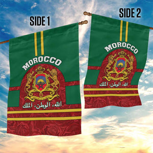 Morocco Proclamation Day Garden Flag with Marruecos Coat of Arms and Roses Pattern