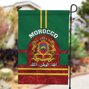 Morocco Proclamation Day Garden Flag with Marruecos Coat of Arms and Roses Pattern