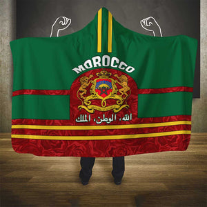 Morocco Proclamation Day Hooded Blanket with Marruecos Coat of Arms and Roses Pattern