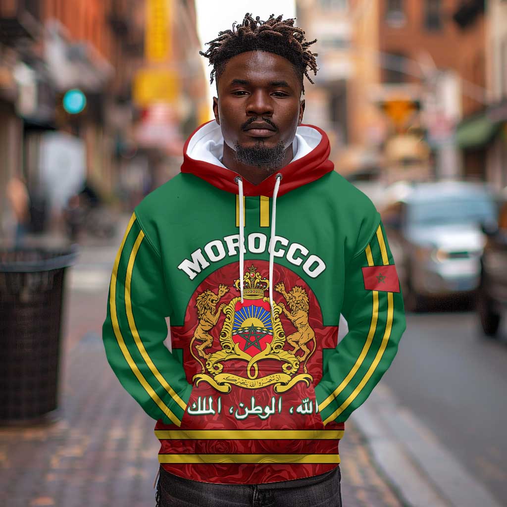 Morocco Proclamation Day Hoodie with Marruecos Coat of Arms and Roses Pattern