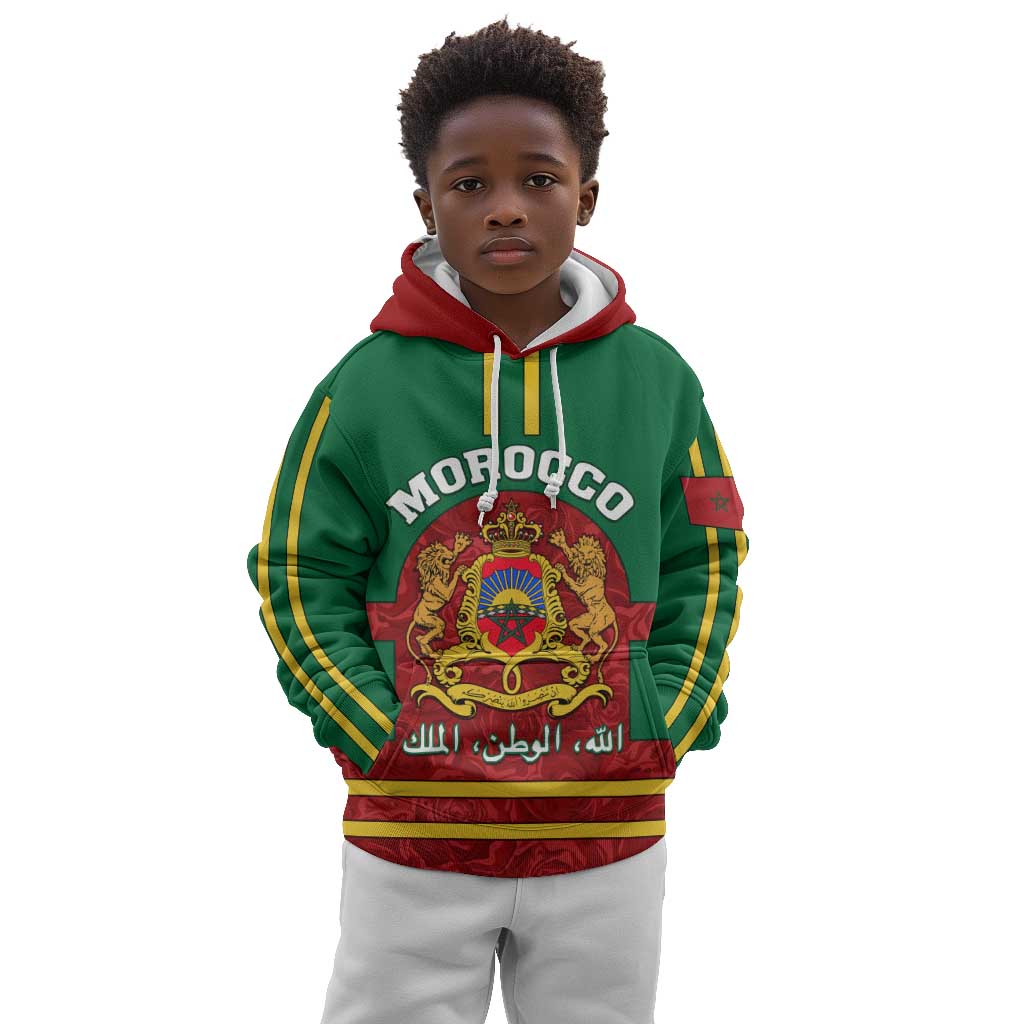 Morocco Proclamation Day Kid Hoodie with Marruecos Coat of Arms and Roses Pattern