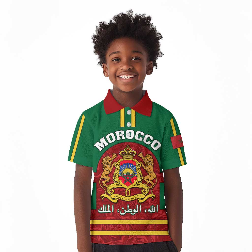 Morocco Proclamation Day Kid Polo Shirt with Marruecos Coat of Arms and Roses Pattern