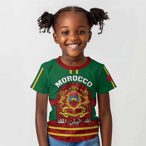 Morocco Proclamation Day Kid T shirt with Marruecos Coat of Arms and Roses Pattern