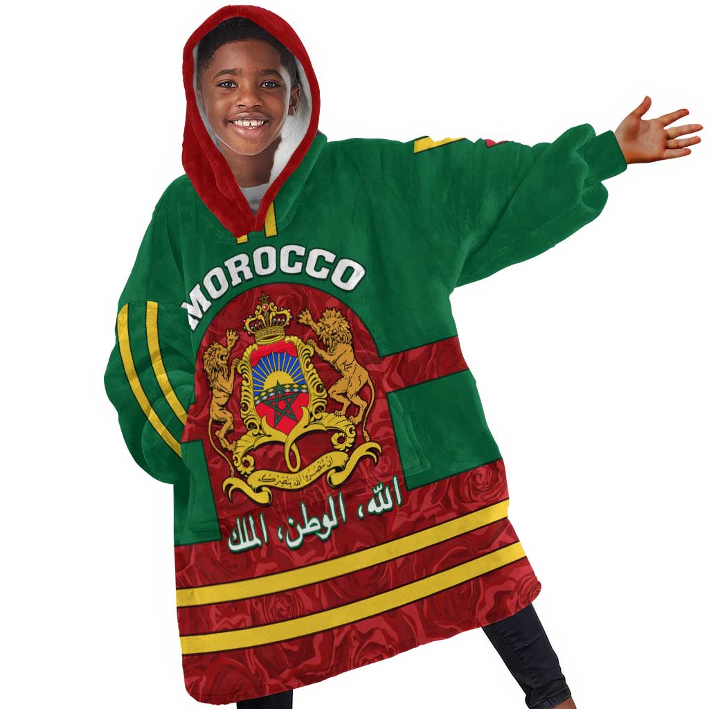 Morocco Proclamation Day KId Wearable Blanket Hoodie with Marruecos Coat of Arms and Roses Pattern