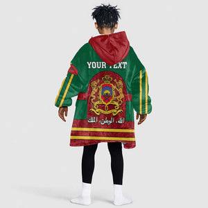 Morocco Proclamation Day KId Wearable Blanket Hoodie with Marruecos Coat of Arms and Roses Pattern