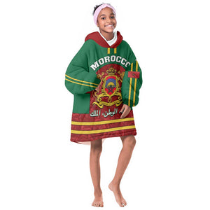 Morocco Proclamation Day KId Wearable Blanket Hoodie with Marruecos Coat of Arms and Roses Pattern