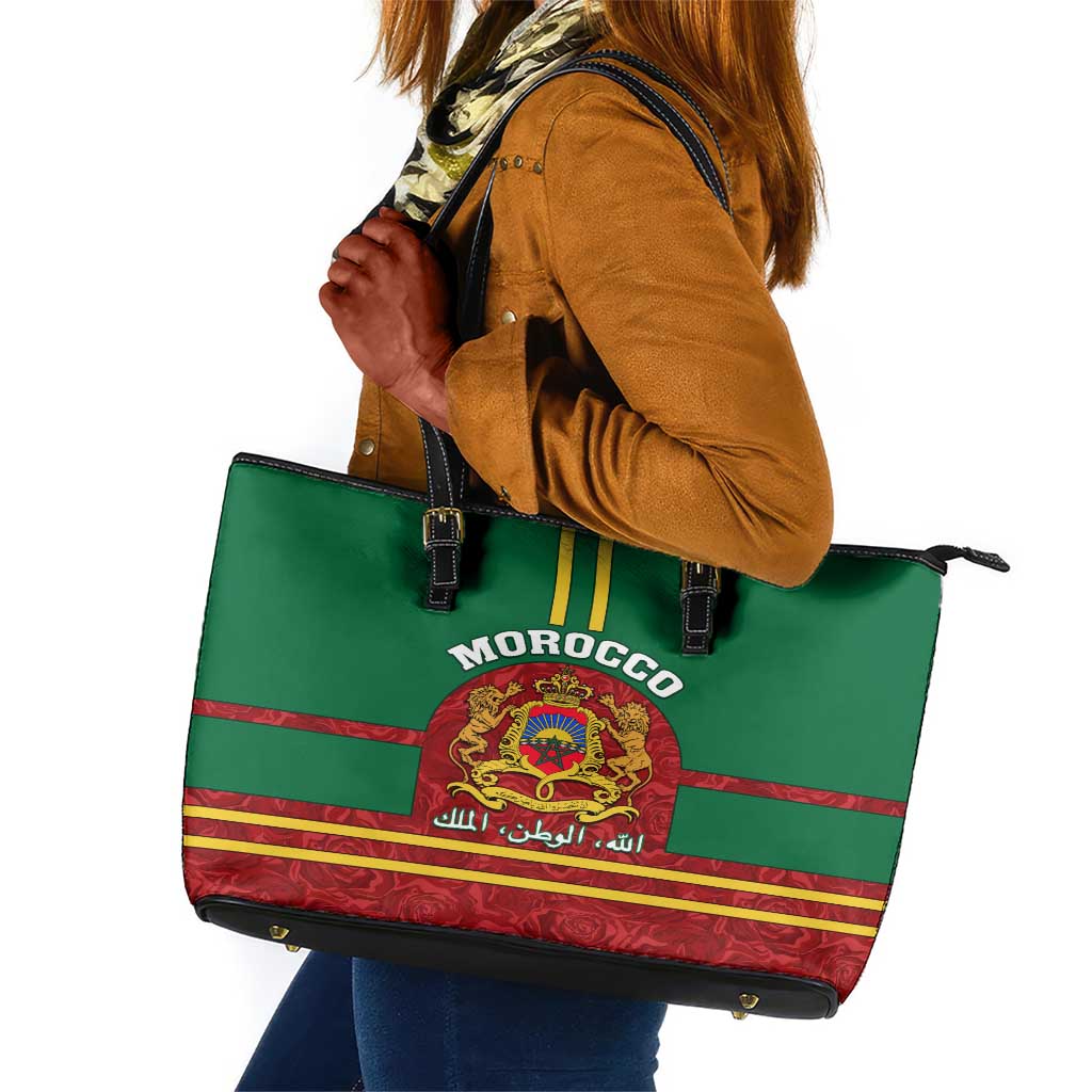 Morocco Proclamation Day Leather Tote Bag with Marruecos Coat of Arms and Roses Pattern