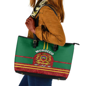 Morocco Proclamation Day Leather Tote Bag with Marruecos Coat of Arms and Roses Pattern