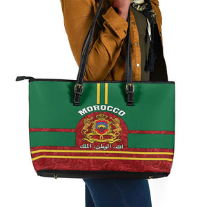 Morocco Proclamation Day Leather Tote Bag with Marruecos Coat of Arms and Roses Pattern