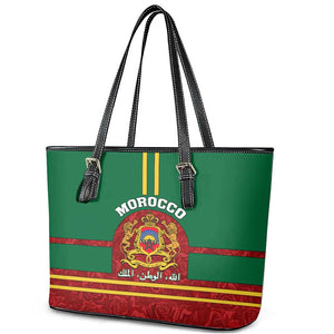 Morocco Proclamation Day Leather Tote Bag with Marruecos Coat of Arms and Roses Pattern