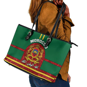 Morocco Proclamation Day Leather Tote Bag with Marruecos Coat of Arms and Roses Pattern