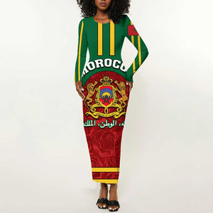 Morocco Proclamation Day Long Sleeve Bodycon Dress with Marruecos Coat of Arms and Roses Pattern