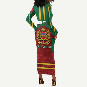 Morocco Proclamation Day Long Sleeve Bodycon Dress with Marruecos Coat of Arms and Roses Pattern