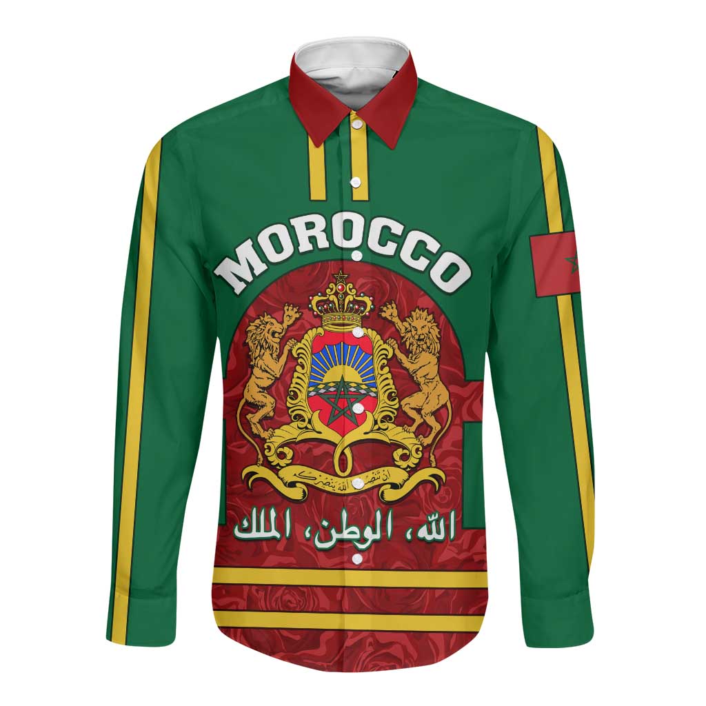 Morocco Proclamation Day Long Sleeve Button Shirt with Marruecos Coat of Arms and Roses Pattern