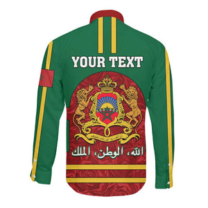 Morocco Proclamation Day Long Sleeve Button Shirt with Marruecos Coat of Arms and Roses Pattern