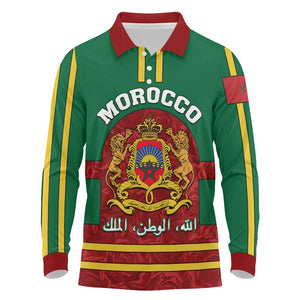 Morocco Proclamation Day Long Sleeve Polo Shirt with Marruecos Coat of Arms and Roses Pattern