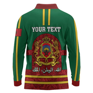 Morocco Proclamation Day Long Sleeve Polo Shirt with Marruecos Coat of Arms and Roses Pattern