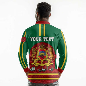 Morocco Proclamation Day Long Sleeve Polo Shirt with Marruecos Coat of Arms and Roses Pattern