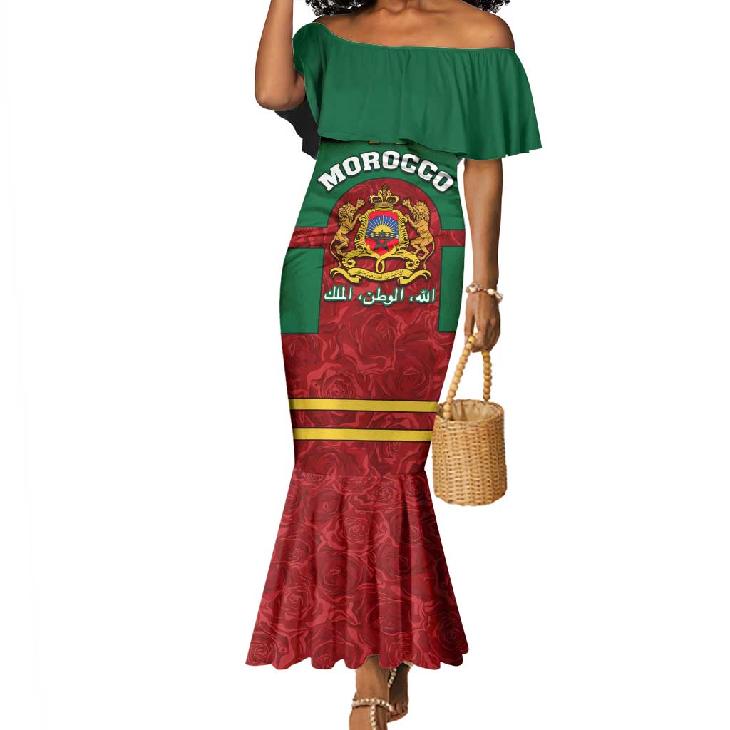 Morocco Proclamation Day Mermaid Dress with Marruecos Coat of Arms and Roses Pattern