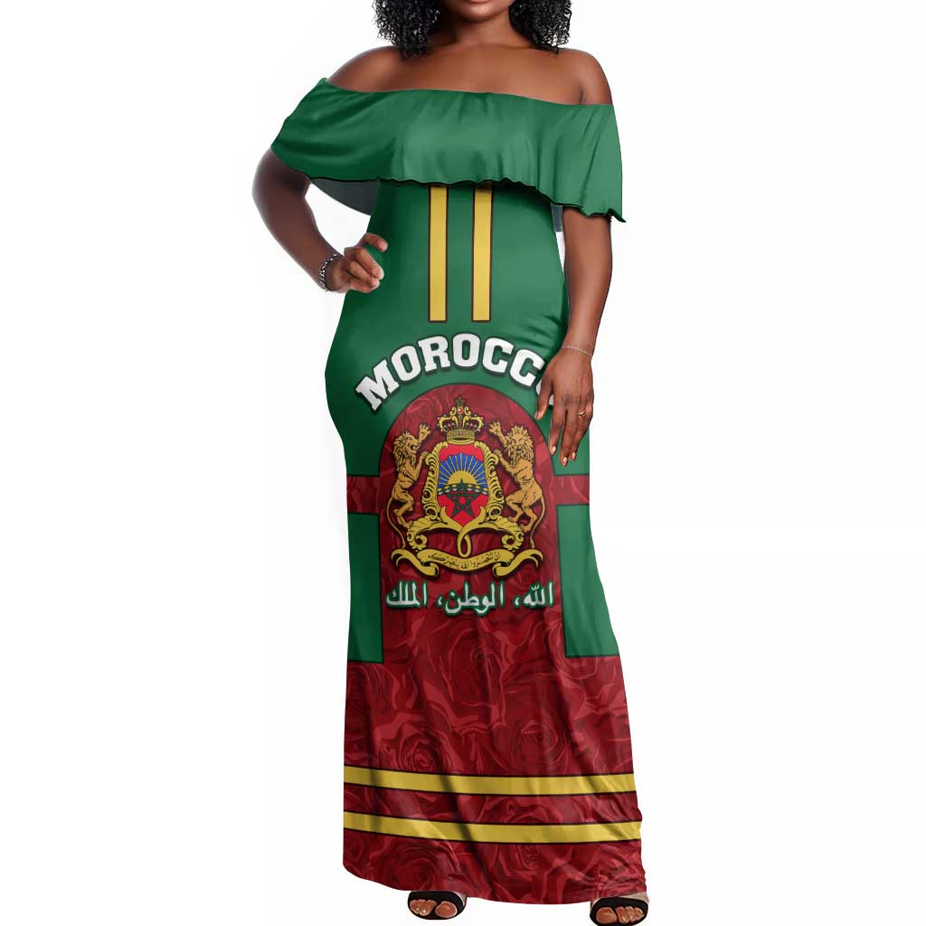 Morocco Proclamation Day Off Shoulder Maxi Dress with Marruecos Coat of Arms and Roses Pattern