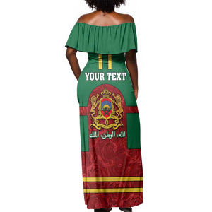 Morocco Proclamation Day Off Shoulder Maxi Dress with Marruecos Coat of Arms and Roses Pattern