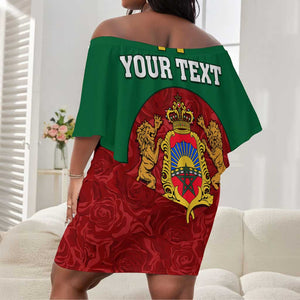 Morocco Proclamation Day Off Shoulder Short Dress with Marruecos Coat of Arms and Roses Pattern LT01