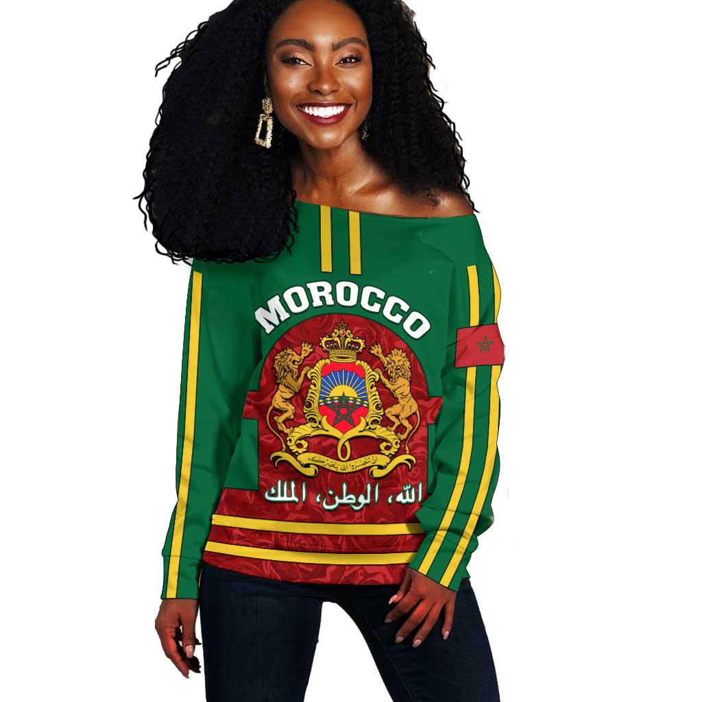 Morocco Proclamation Day Off Shoulder Sweater with Marruecos Coat of Arms and Roses Pattern