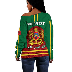 Morocco Proclamation Day Off Shoulder Sweater with Marruecos Coat of Arms and Roses Pattern