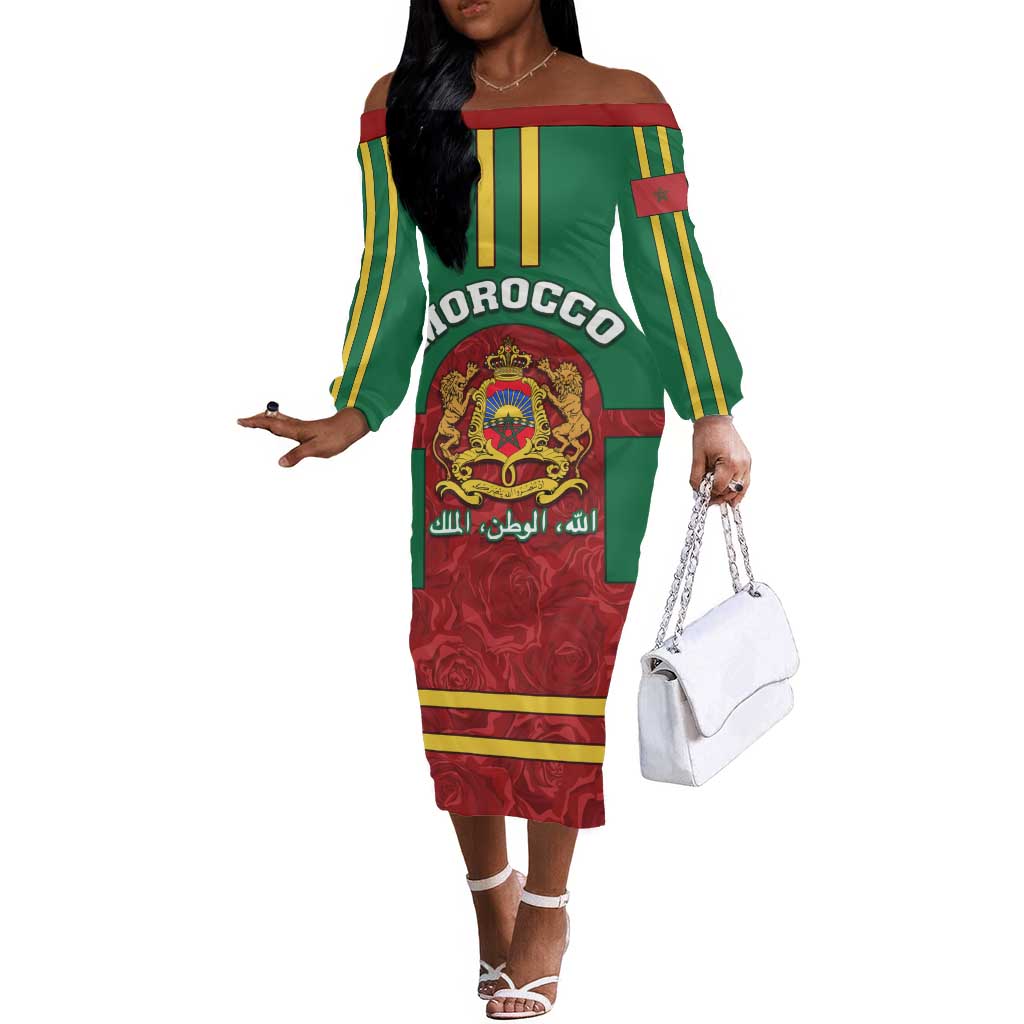 Morocco Proclamation Day Off The Shoulder Long Sleeve Dress with Marruecos Coat of Arms and Roses Pattern