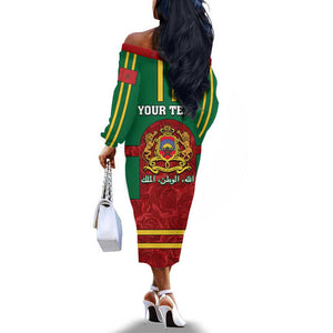 Morocco Proclamation Day Off The Shoulder Long Sleeve Dress with Marruecos Coat of Arms and Roses Pattern