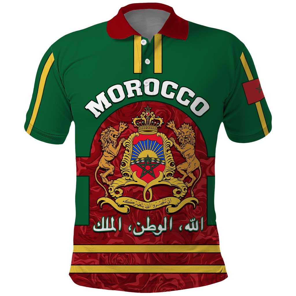 Morocco Proclamation Day Polo Shirt with Marruecos Coat of Arms and Roses Pattern