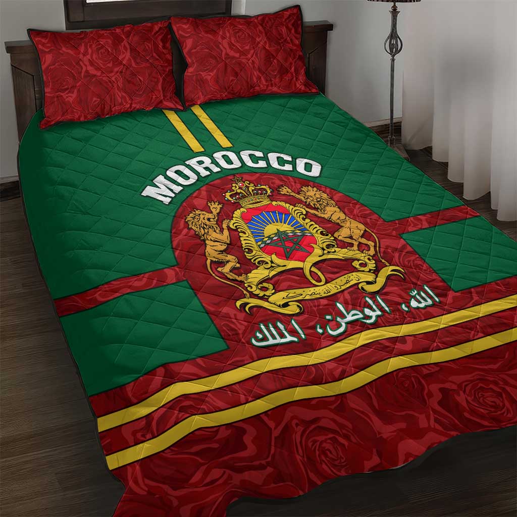 Morocco Proclamation Day Quilt Bed Set with Marruecos Coat of Arms and Roses Pattern