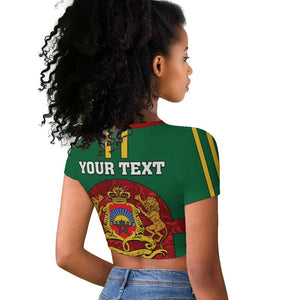 Morocco Proclamation Day Raglan Cropped T shirt with Marruecos Coat of Arms and Roses Pattern