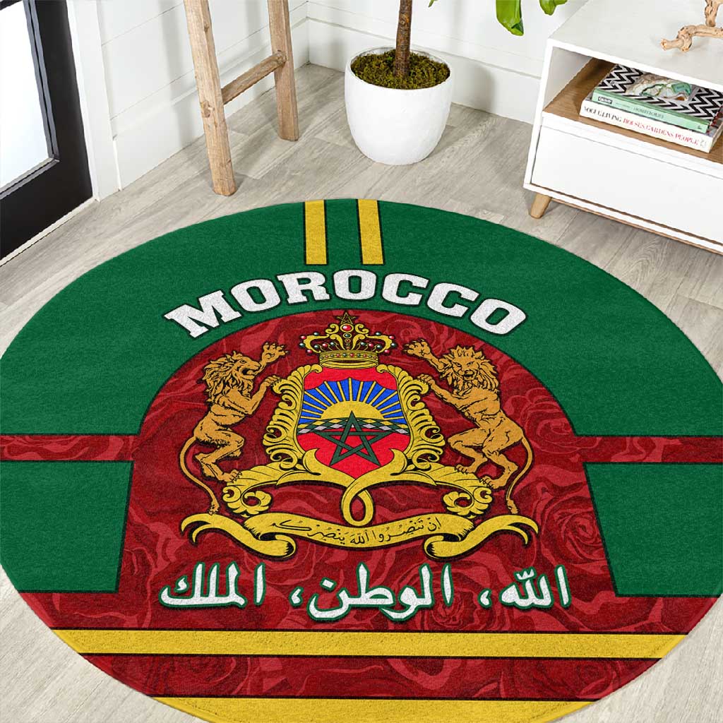 Morocco Proclamation Day Round Carpet with Marruecos Coat of Arms and Roses Pattern