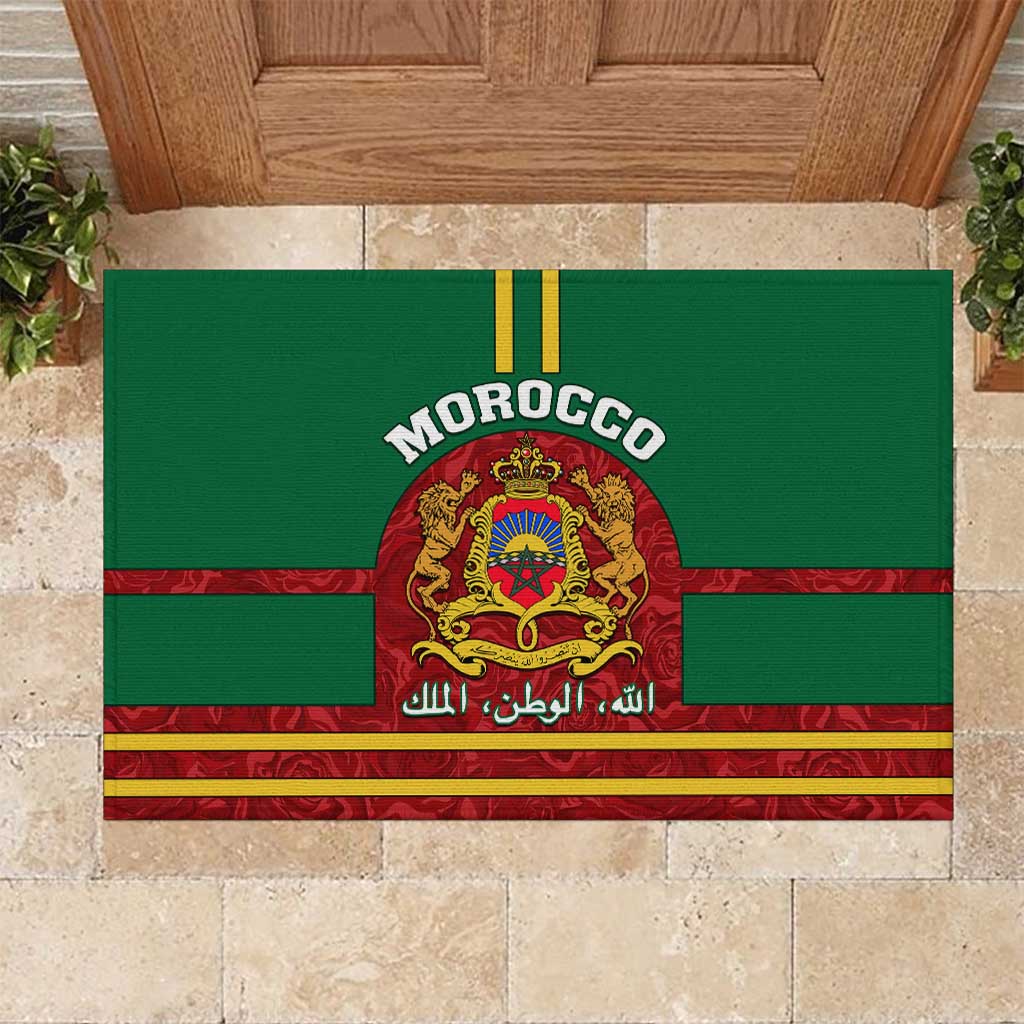 Morocco Proclamation Day Rubber Doormat with Marruecos Coat of Arms and Roses Pattern