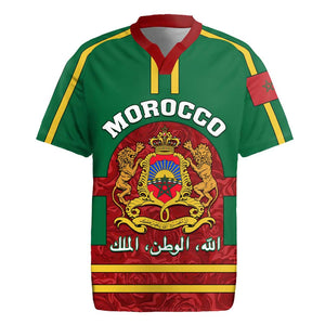 Morocco Proclamation Day Rugby Jersey with Marruecos Coat of Arms and Roses Pattern