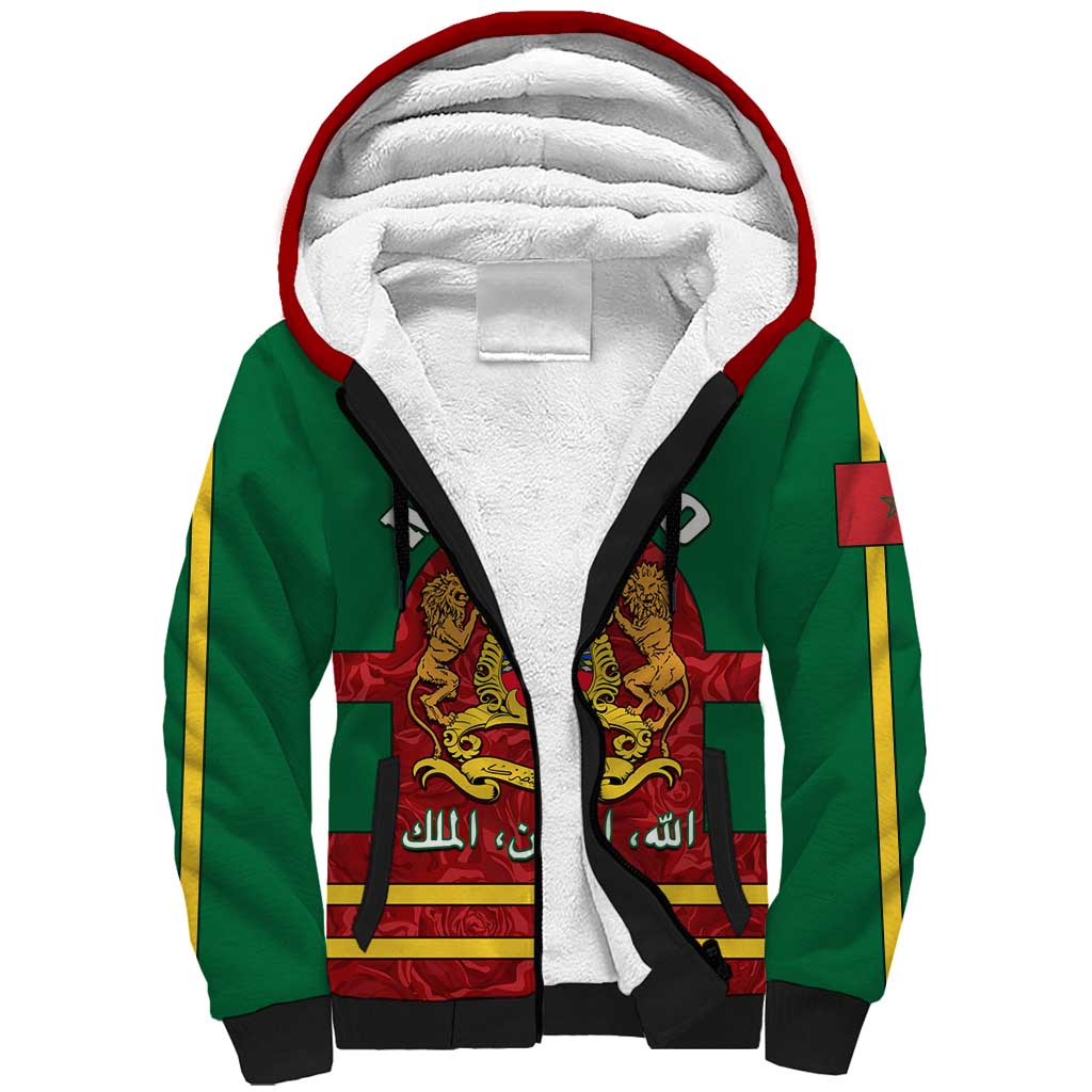 Morocco Proclamation Day Sherpa Hoodie with Marruecos Coat of Arms and Roses Pattern