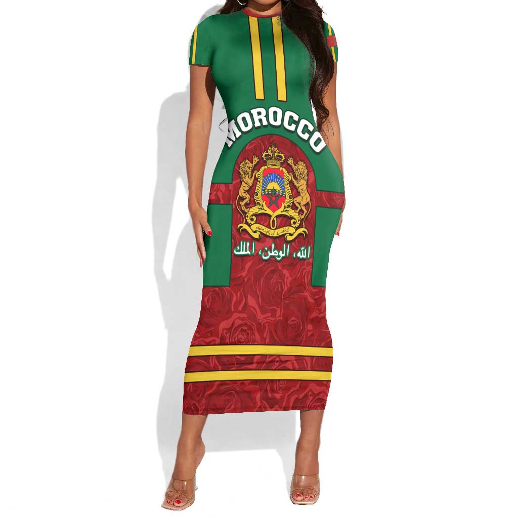 Morocco Proclamation Day Short Sleeve Bodycon Dress with Marruecos Coat of Arms and Roses Pattern LT01