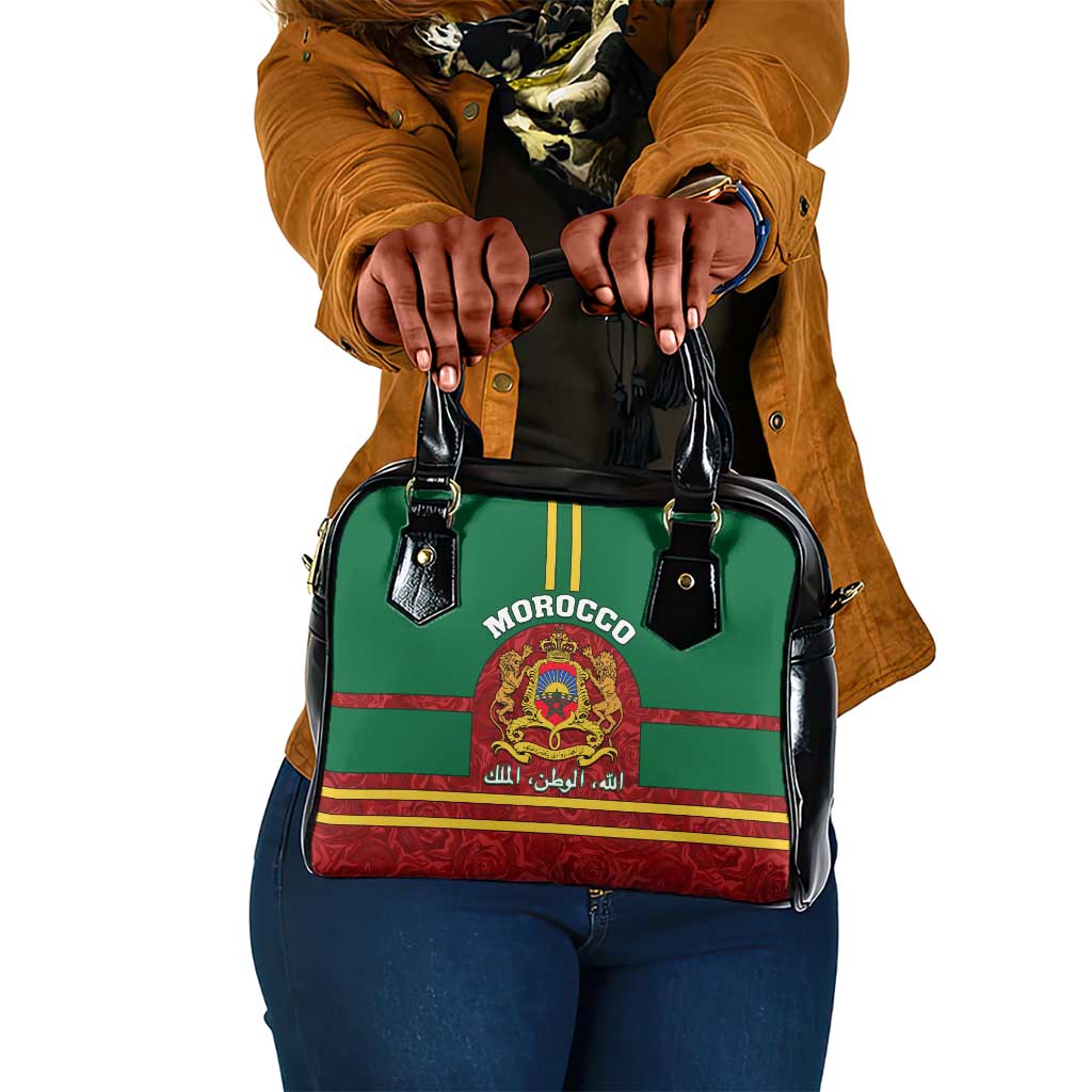 Morocco Proclamation Day Shoulder Handbag with Marruecos Coat of Arms and Roses Pattern