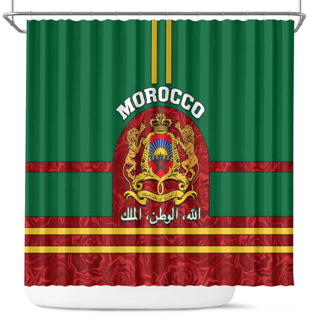 Morocco Proclamation Day Shower Curtain with Marruecos Coat of Arms and Roses Pattern