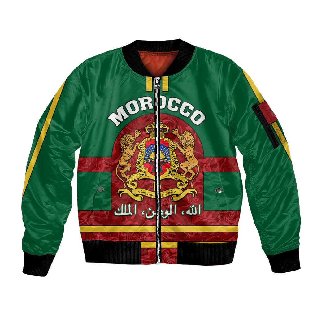 Morocco Proclamation Day Sleeve Zip Bomber Jacket with Marruecos Coat of Arms and Roses Pattern