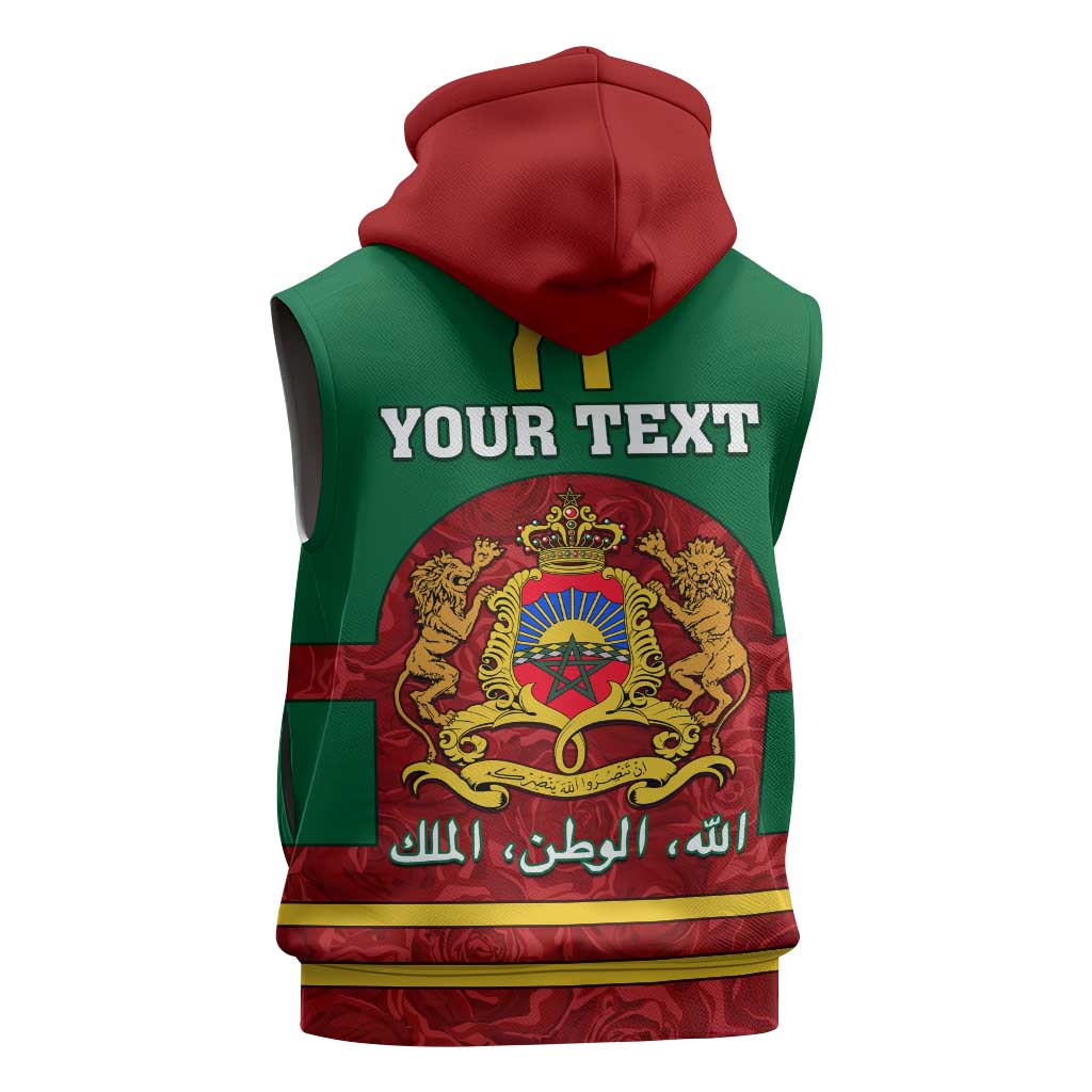Morocco Proclamation Day Sleeveless Hoodie with Marruecos Coat of Arms and Roses Pattern - African Pride