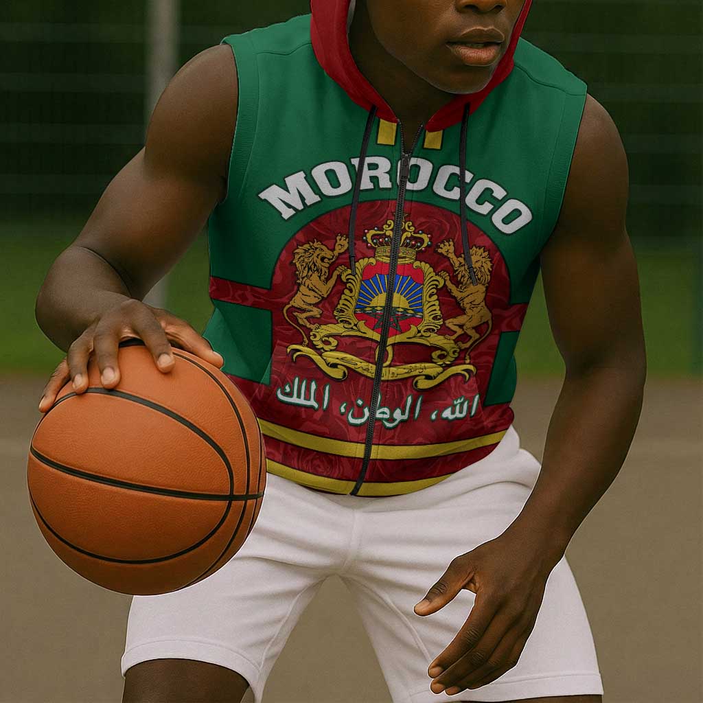 Morocco Proclamation Day Sleeveless Zip Hoodie with Marruecos Coat of Arms and Roses Pattern - African Pride