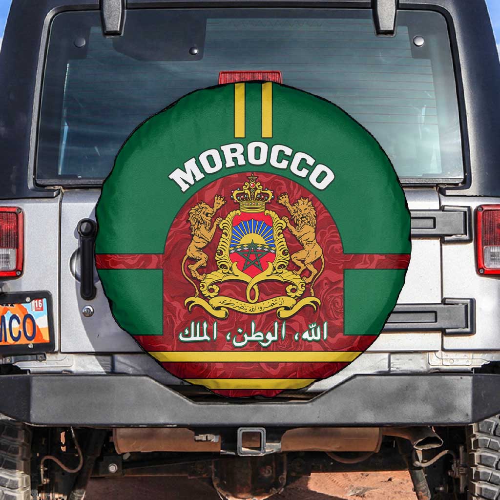 Morocco Proclamation Day Spare Tire Cover with Marruecos Coat of Arms and Roses Pattern